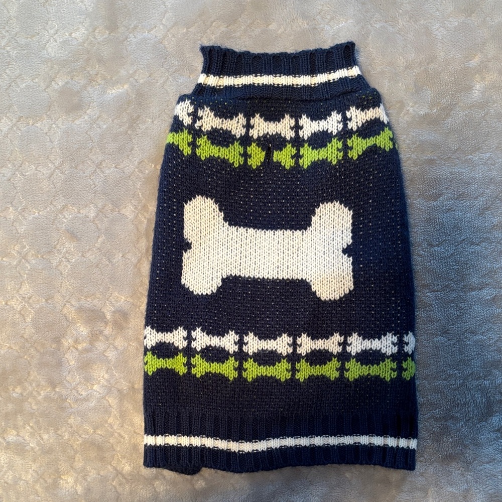 Navy and White Small Dog Sweater with Bone Pattern
